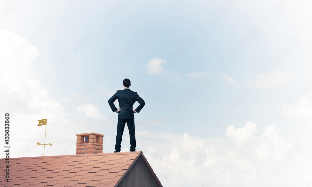 Mister boss on brick roof with arms akimbo. Mixed media Mister boss on brick roof with arms akimbo. Mixed media