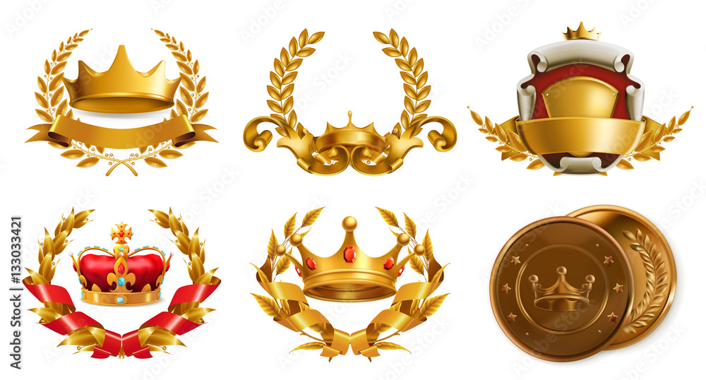Gold crown and laurel wreath. 3d vector logo Gold crown and laurel wreath. 3d vector logo