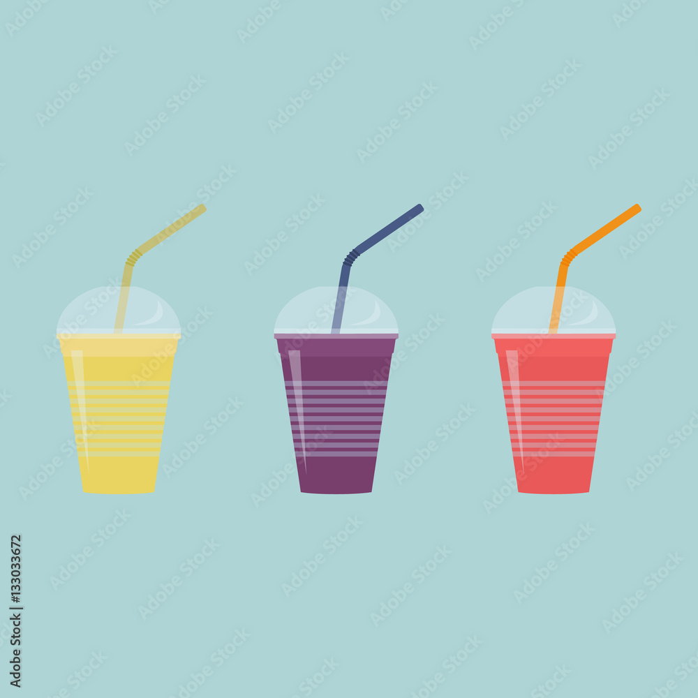 Smoothie fresh fruit shake in plastic cups with straws set. Vector illustration Smoothie fresh fruit shake in plastic cups with straws set. Vector illustration
