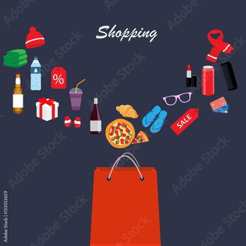 Shopping bag with purchase. Illustration of product coming into carry bag, Concept of shopping, Vector illustration.