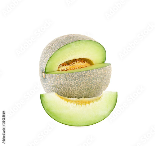 Green cantaloupe melon slices on white background