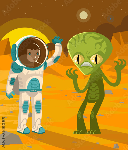 astronaut on mars wavin a green reptile martian lifeform alien