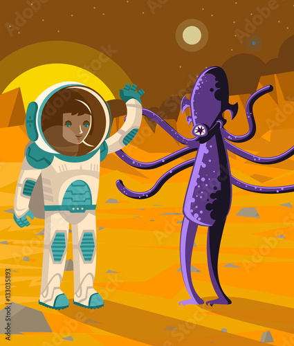 astronaut on mars wavin a dark strange martian lifeform alien