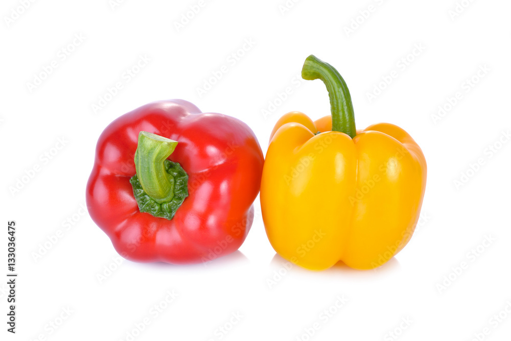 fresh red and yellow sweet pepper with stem on white background fresh red and yellow sweet pepper with stem on white background