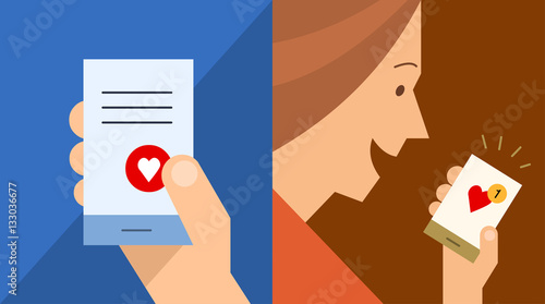Hand pressing love button on mobile phone. Another person receiving new like message on the phone. Flat style vector illustration.