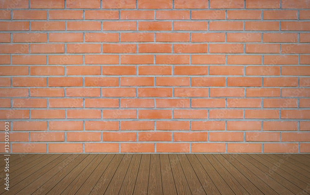 Perspective wood over red brick wall background, room, table, in