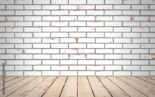 Perspective wood over white brick wall background, room, table,