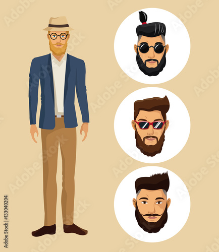 man standing with hat glasses hispter beard and faces men vector illustration