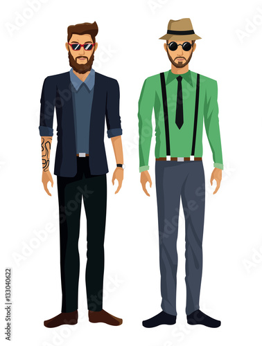 two men bearded look hat sungalsses tattoo vector illustration eps 10