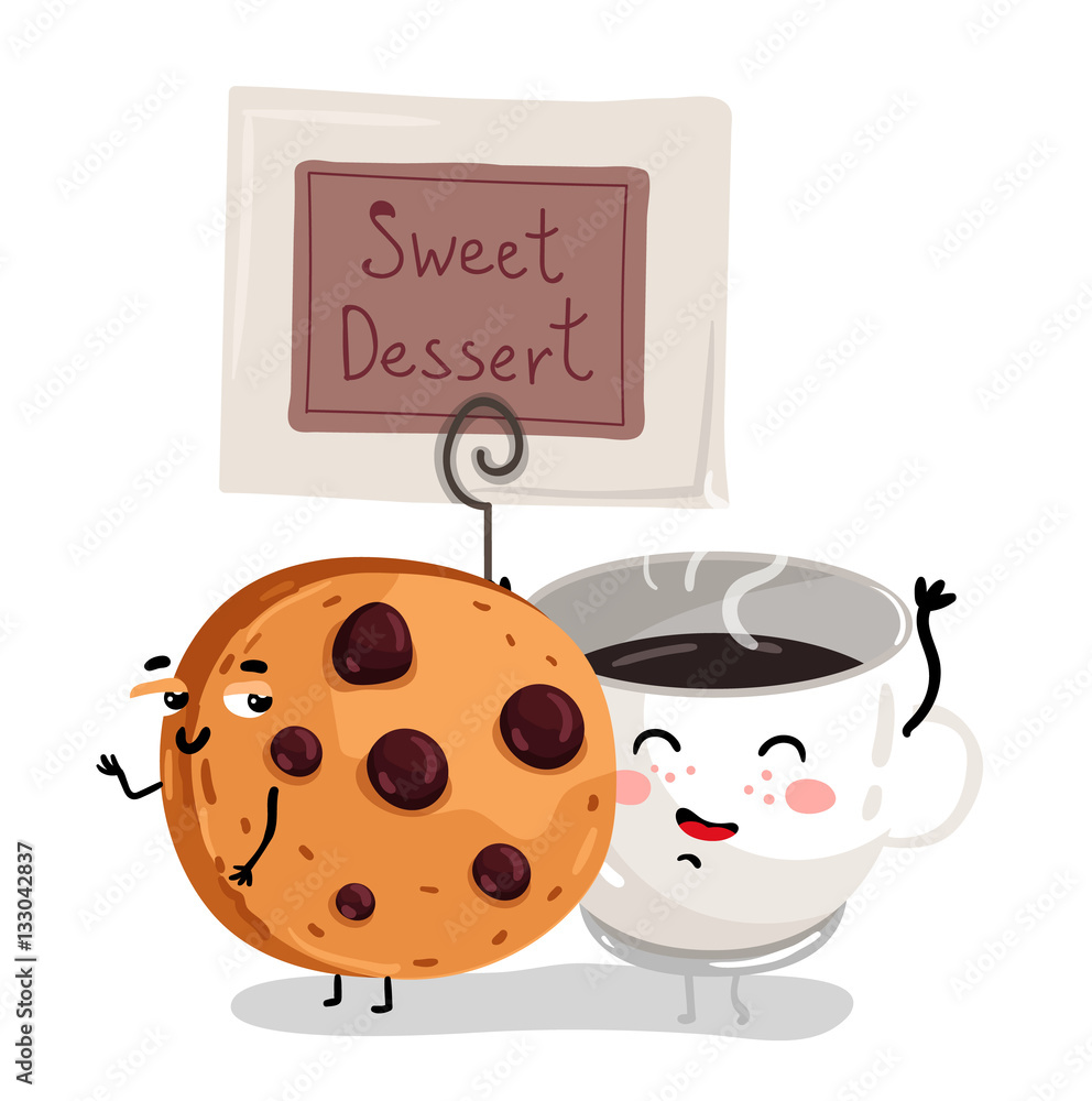 Cute chocolate chip cookie and coffee cup cartoon character isolated on  white background vector illustration. Funny hot drink and bakery emoticon  face icon. Happy cartoon face food, comical breakfast Stock Vector |