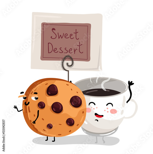 Cute chocolate chip cookie and coffee cup cartoon character isolated on white background vector illustration. Funny hot drink and bakery emoticon face icon. Happy cartoon face food, comical breakfast