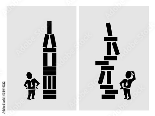 Business building blocks illustration. Successful and unsuccessful setup.