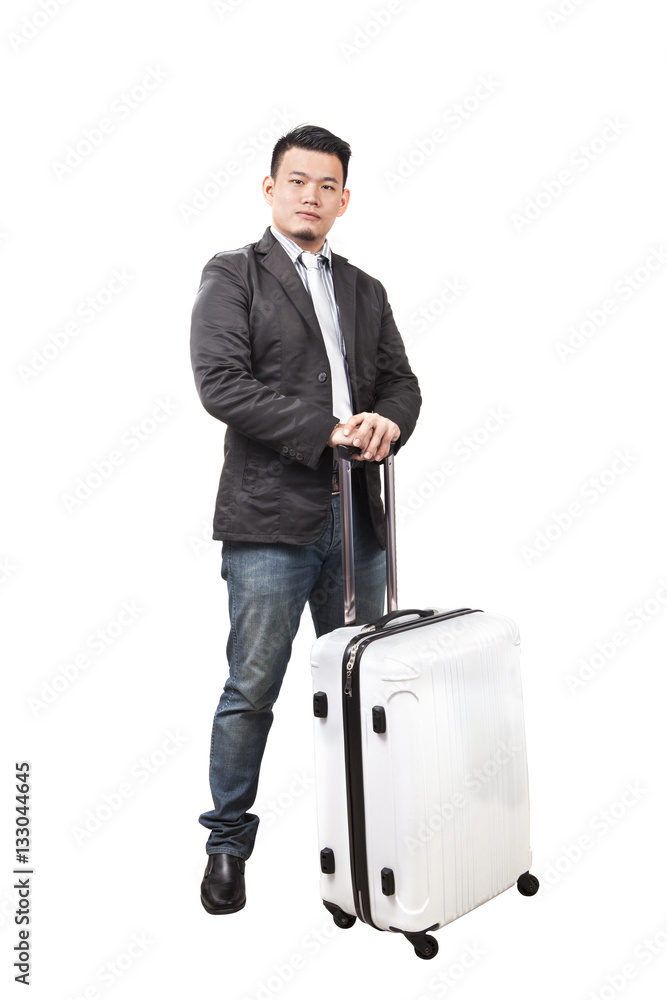 portrait asian younger business man and traveling luggage standi portrait asian younger business man and traveling luggage standi
