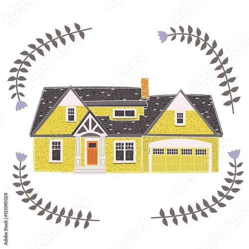 Yellow house, vector. Cartoon-style. Detailed drawing.