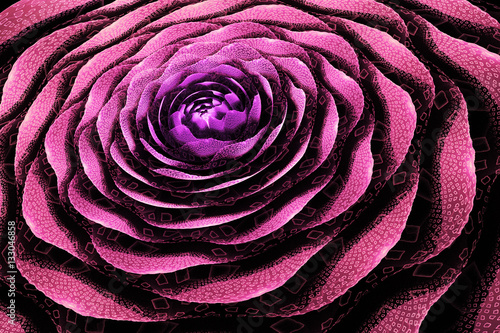 Abstract rose flower with textured petals. Fantasy fractal design in pink and purple colors. Psychedelic digital art. 3D rendering.