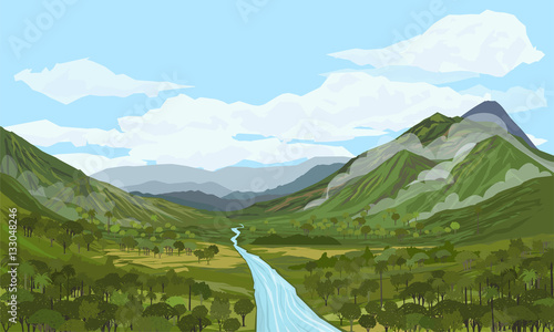 MOUNTAIN AND RIVER IN A VALLEY photo