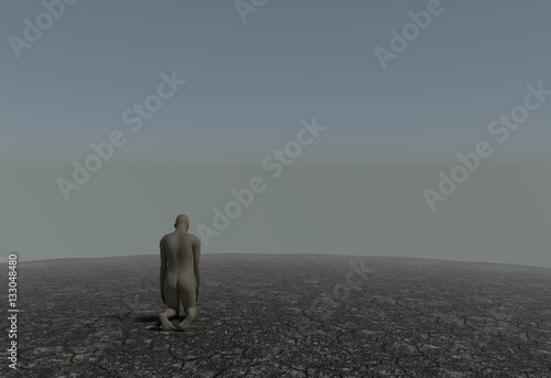 One man kneeling in a desert with cracked soil 3d illustration photo