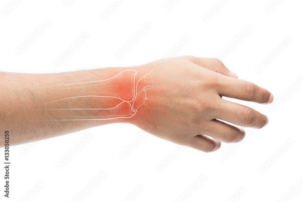 Man massaging painful wrist on a white background. Pain concept