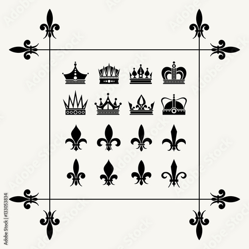 Geraldic crowns and fleur de lys design elements