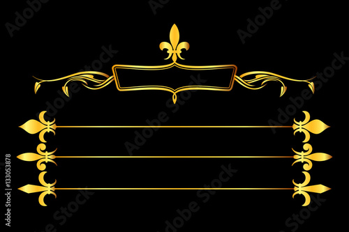 Golden vector fleur de lys frame and borders black background