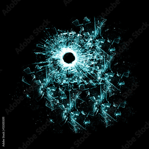 cyan sea ocean blue Shattered and broken glass pieces with hole isolated on black background. scattered glass.