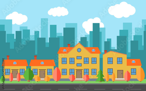 Vector city with cartoon houses and buildings. City space with road on flat style background concept. Summer urban landscape. Street view with cityscape on a background  