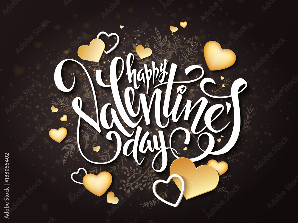 Naklejka premium Vector happy valentines day lettering with golden hearts