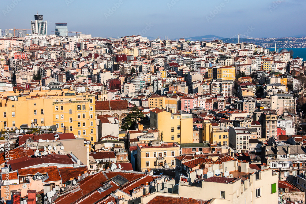 View of Istanbul rooftops from the Galata Tower, Turkey.