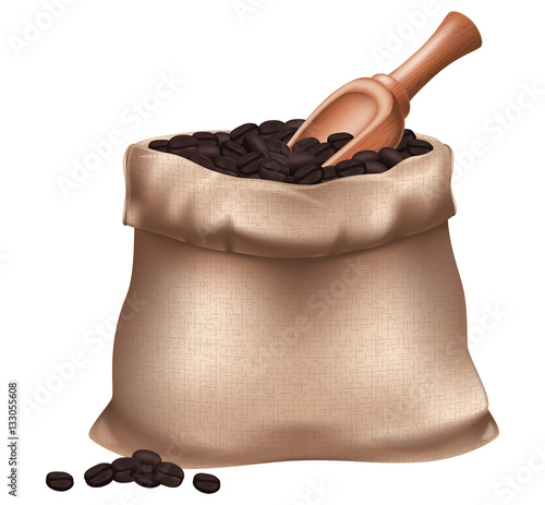 Sack of roasted coffee beans and a wooden spoon. Vector illustration.