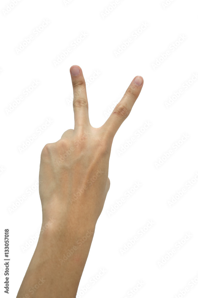 Close up Person hand showing two fingers on white background isolated Close up Person hand showing two fingers on white background isolated