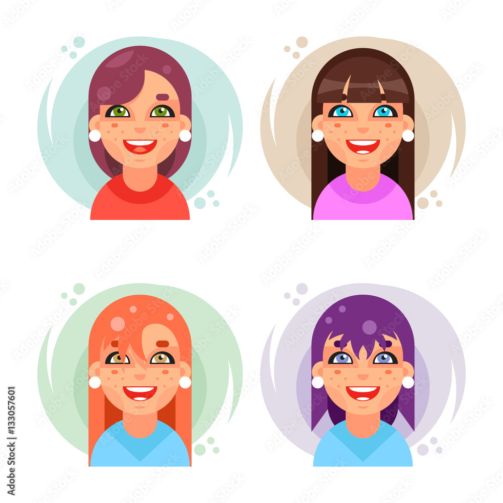 Cute girl avatar icons set flat design vector illustration Cute girl avatar icons set flat design vector illustration