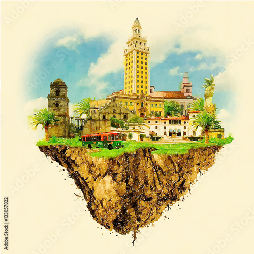 MIAMI city on floating land high resolution water color illustra