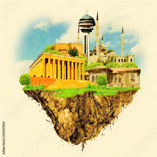 ANKARA city on floating land high resolution water color illustr
