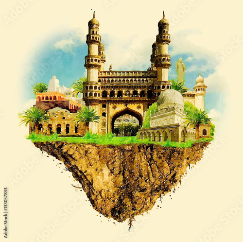 HYDERABAD city on floating land vector water color illustration photo