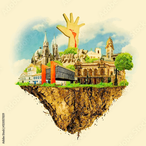 SAO PAULO city on floating land vector water color illustration