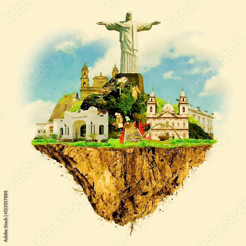 RIO city on floating land vector water color illustration