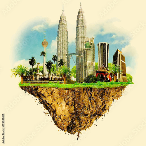 KUALA LUMPUR city on floating land vector water color illustrati