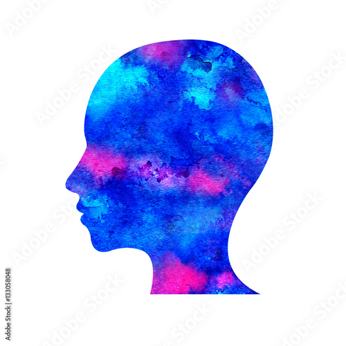 Modern Watercolor head logo of Psychology. Profile Human. Creative style. Logotype in . Design concept. Brand company. Rainbow bright color isolated on white background. Symbol for web, print, card.