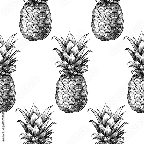 Vector pineapples hand drawn sketch.  Vector seamless pattern.  Vintage style