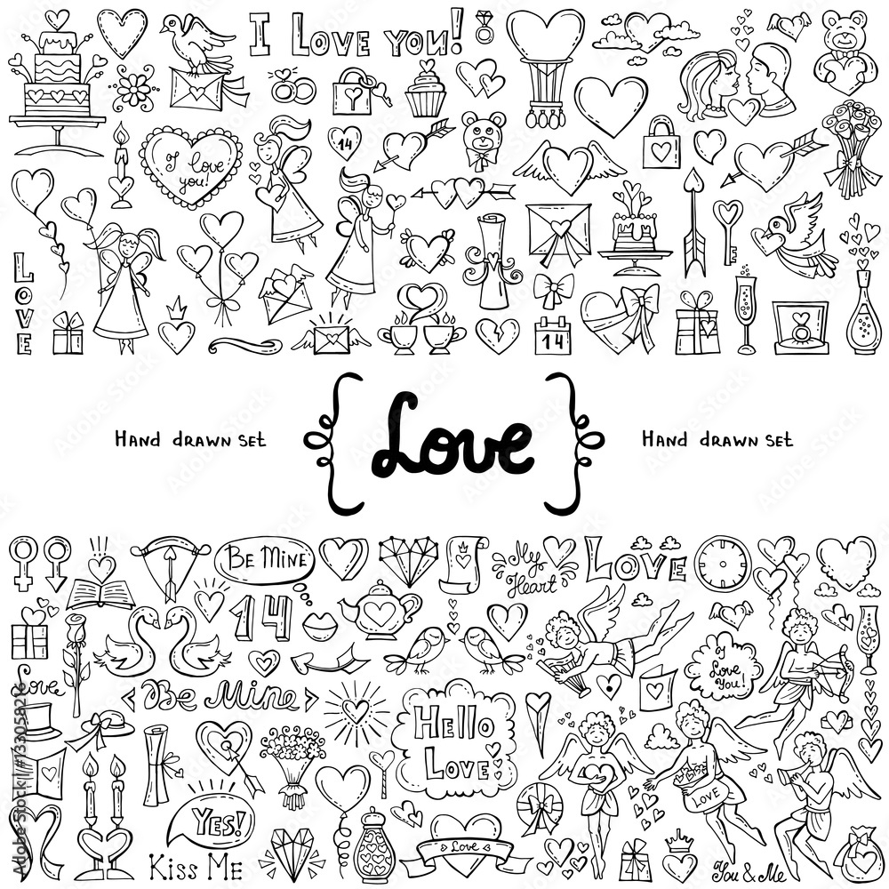 Vector set with hand drawn isolated doodles on the  theme of love. Symbols of Valentine's Day