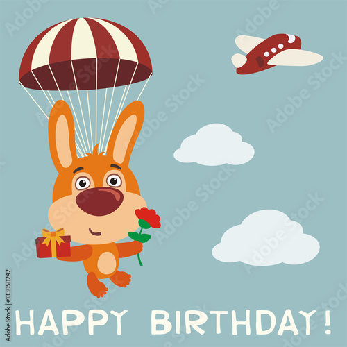 Happy birthday! Funny bunny rabbit fly on parachute with gift and flower. Birthday card with bunny rabbit in cartoon style.