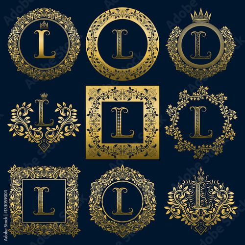 Vintage monograms set of L letter. Golden heraldic logos in wreaths  round and square frames.