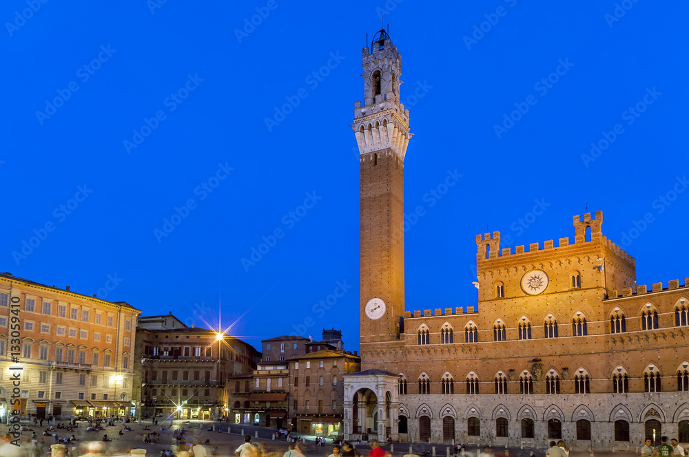 Beautiful view of Piazza del Campo in the blue hour light, Siena, Tuscany, Italy