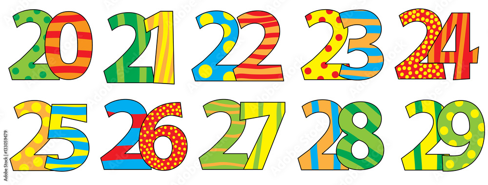 cartoon numbers 20-29 isolated on white background