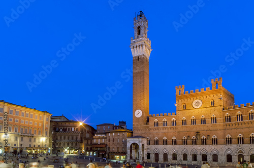 Beautiful view of Piazza del Campo in the blue hour light, Siena, Tuscany, Italy