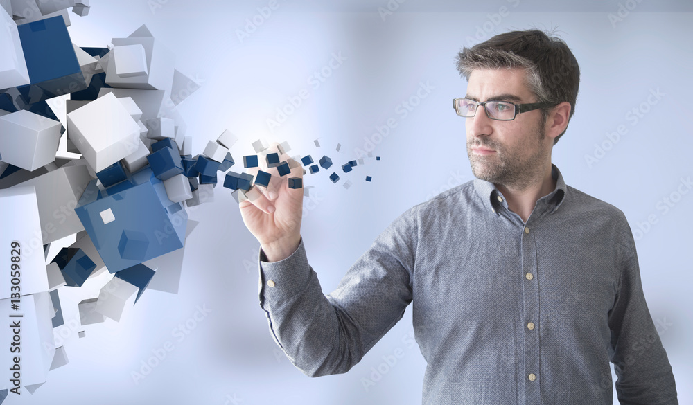 businessman touch blue cubes businessman touch blue cubes
