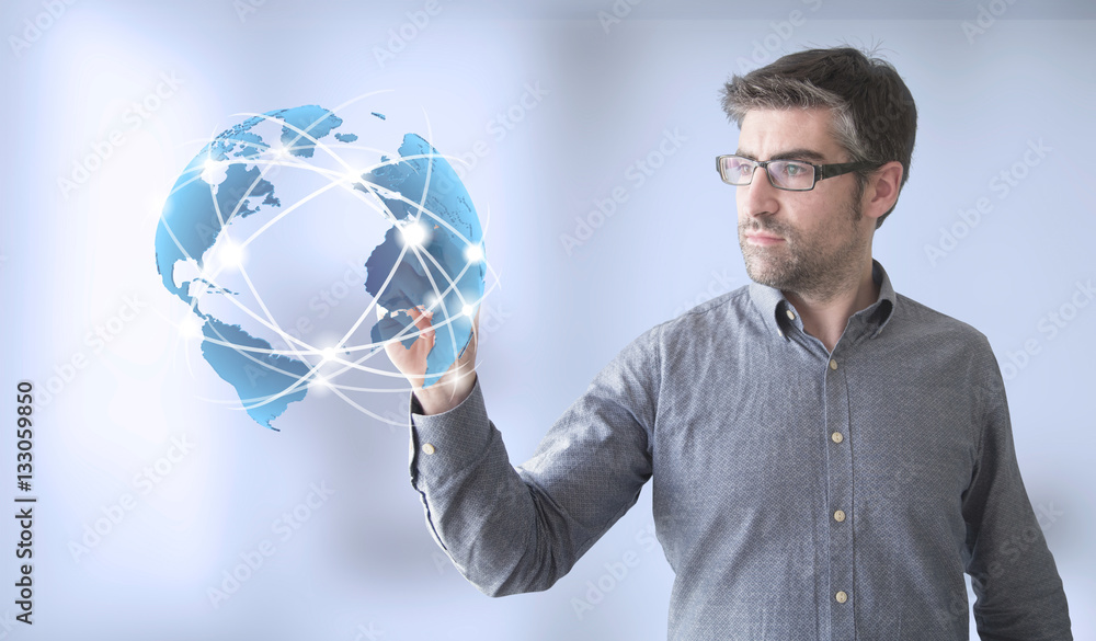 businessman touch world connection businessman touch world connection