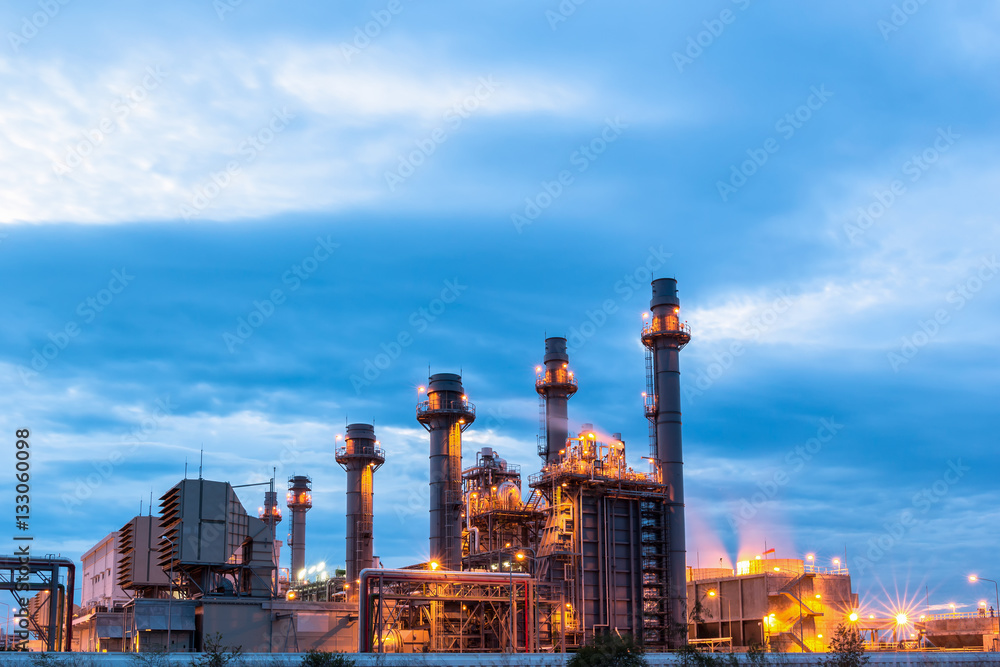 Gas turbine electrical power plant at dusk with blue hour.