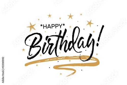 Happy Birthday.Beautiful greeting card scratched calligraphy black text word gold stars. Hand drawn invitation T-shirt print design. Handwritten modern brush lettering white background isolated vector