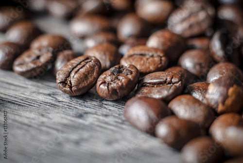 Coffee beans concept on wooden table background.
